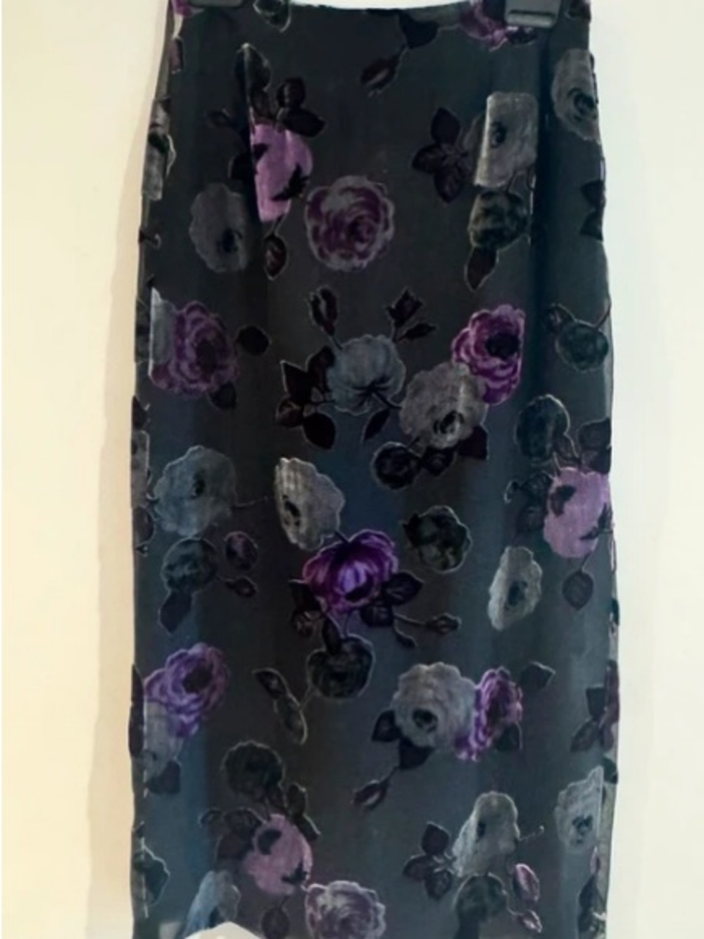 Minuet Petite Black Velvet Floral Midi Skirt with Purple & Gray Roses